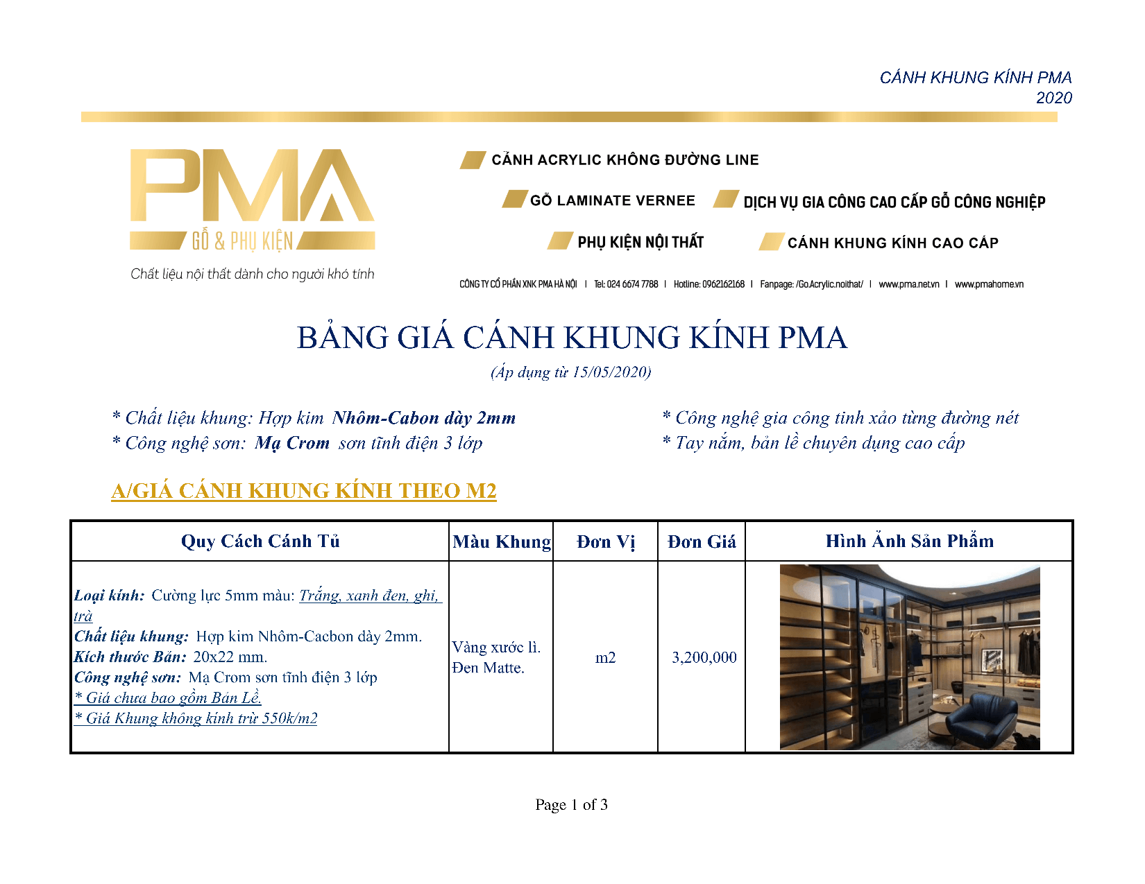 Bảng giá cánh kính tủ áo PMA Lux